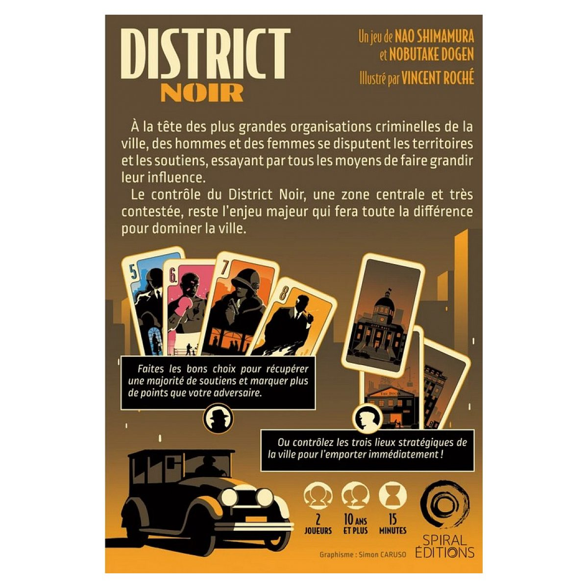 Brettspiel-Rückseite "District Noir" mit Text, Spielkarten, Vintage-Auto und braunem Hintergrund.