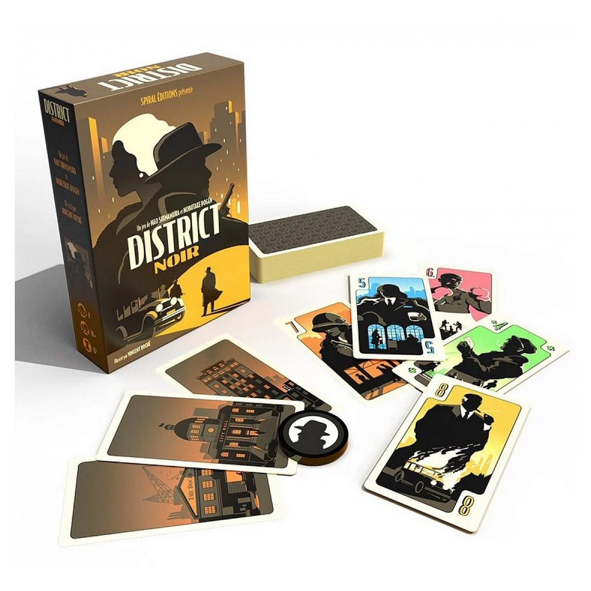 District Noir Kartenspiel Box mit Karten und Spiermarkern auf weißem Hintergrund.