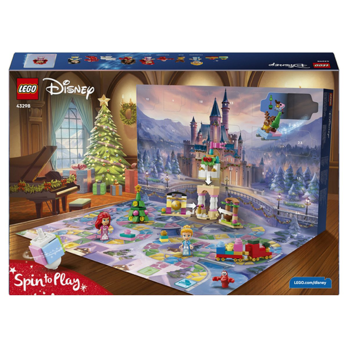 Pudełko kalendarza adwentowego Lego Disney z świąteczną sceną, minilaleczkami, małymi modelami i planszą.