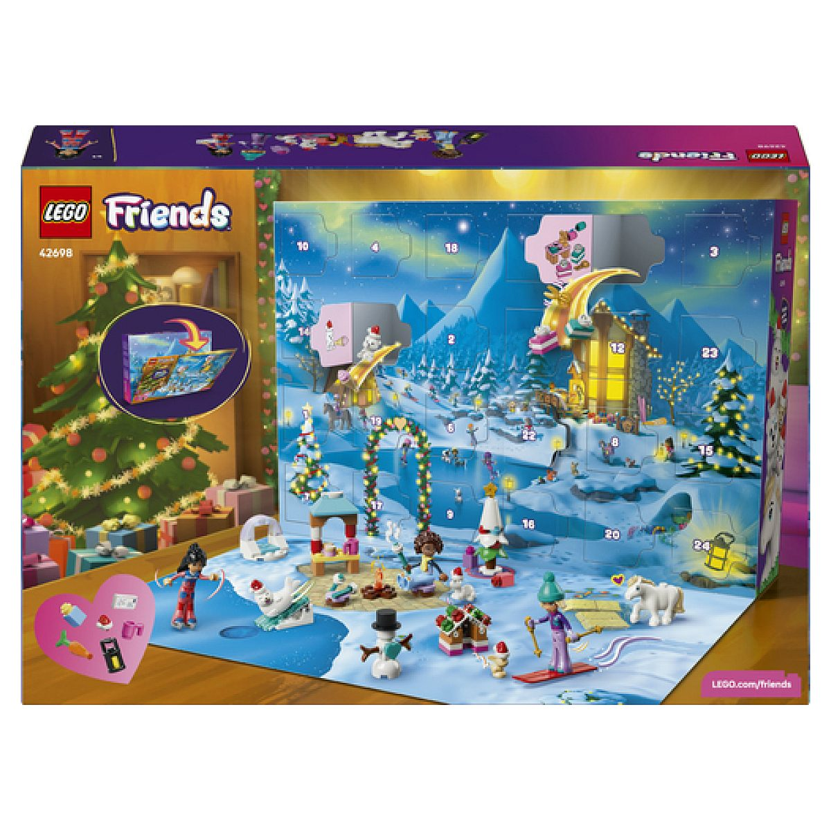 Pudełko kalendarza adwentowego Lego Friends z zimową sceną, figurkami i numerowanymi drzwiczkami.