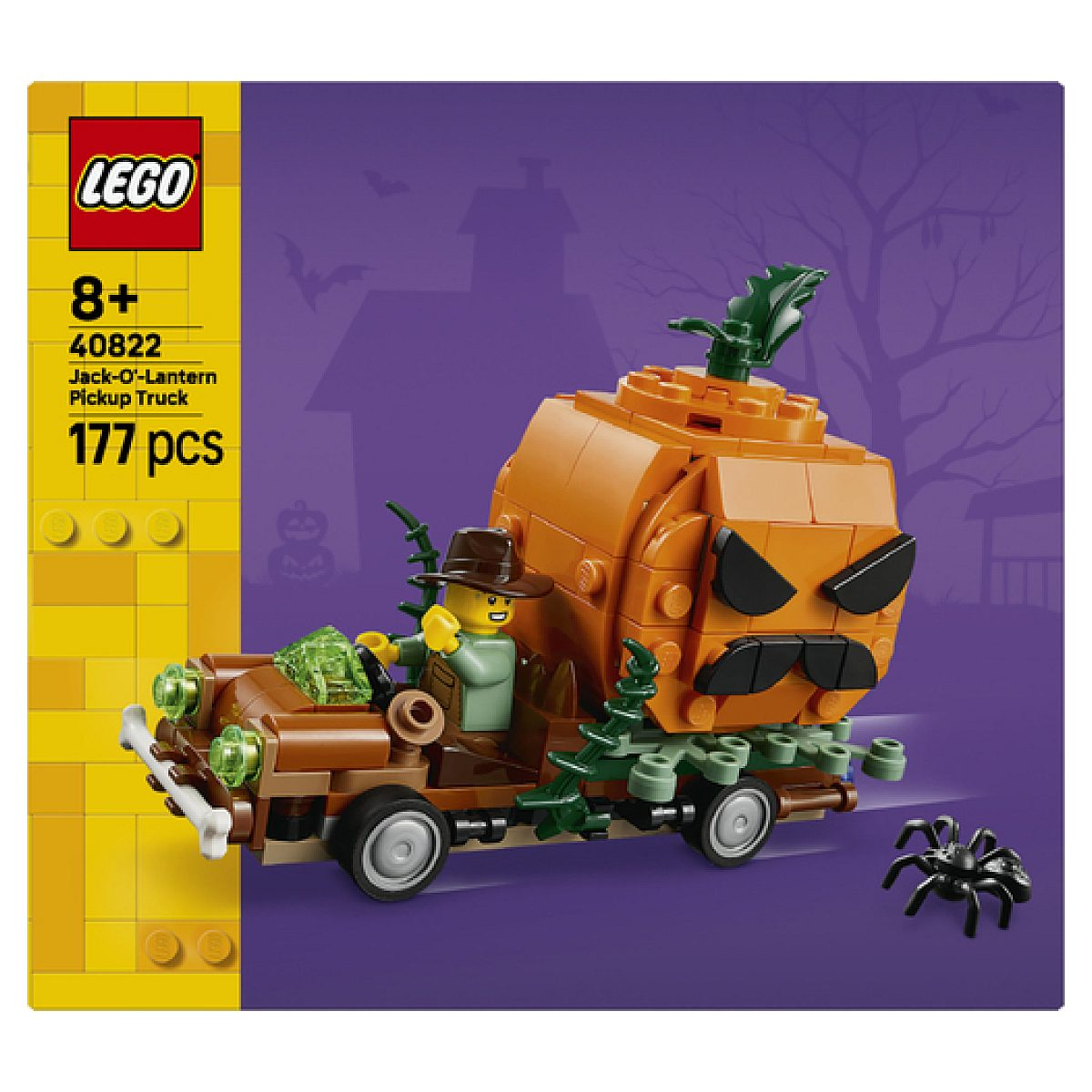 Scatola Lego con un pick-up marrone che trasporta una grande zucca, guidato da una minifigura con un ragno vicino.