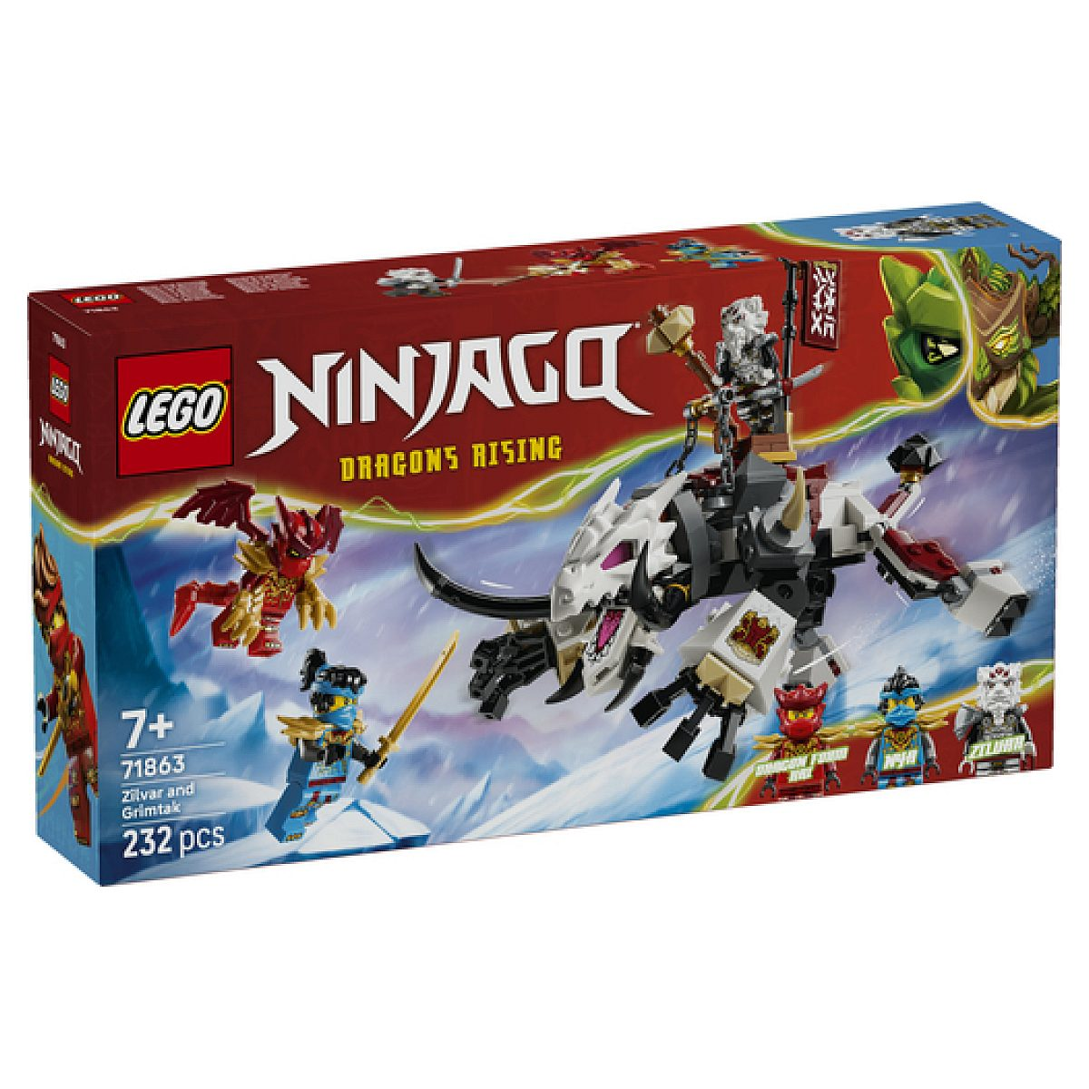 Scatola del set Lego Ninjago 71863 che mostra un drago bianco e rosso, minifigure e un piccolo drago rosso.