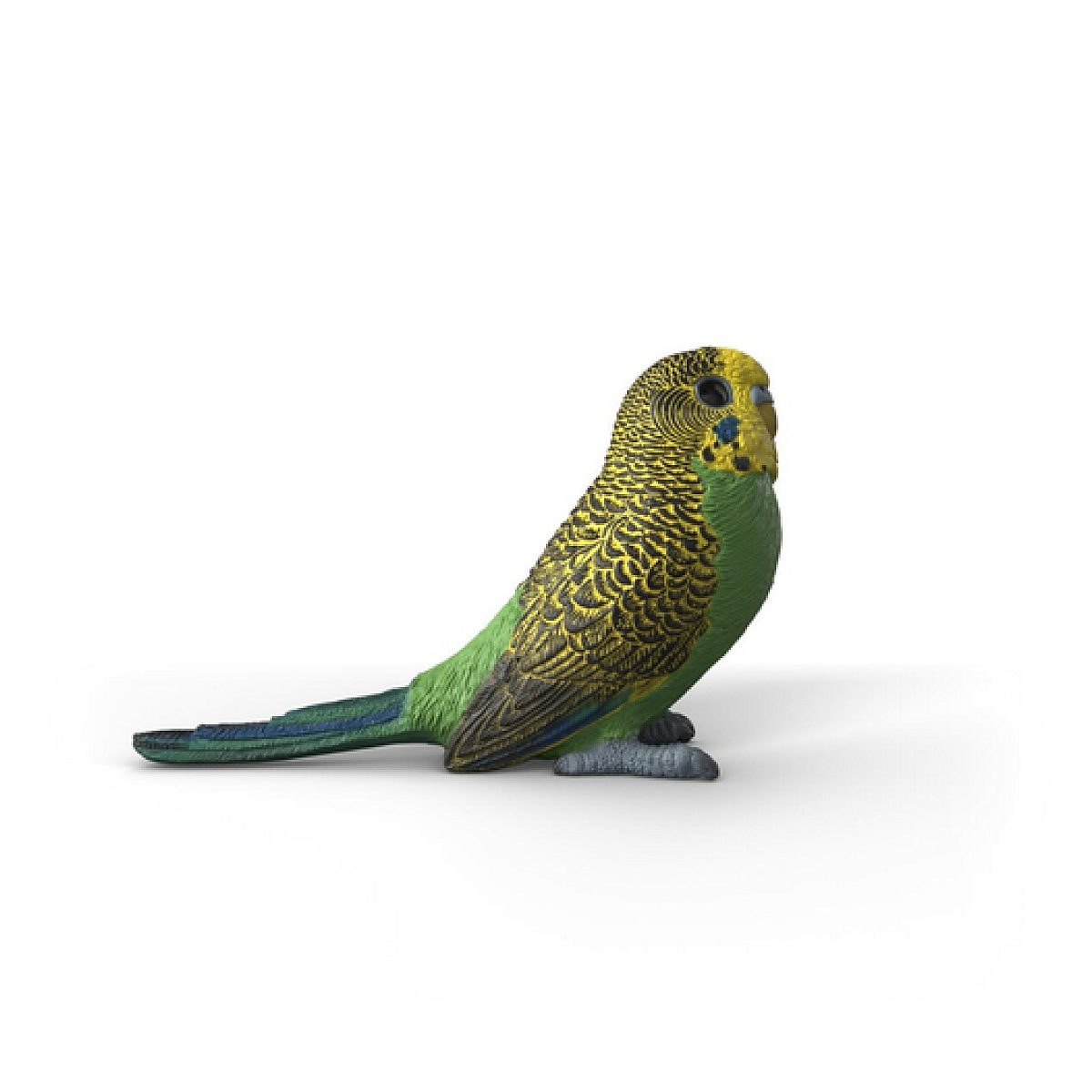 Una pequeña figura de periquito verde y amarillo sobre fondo blanco.