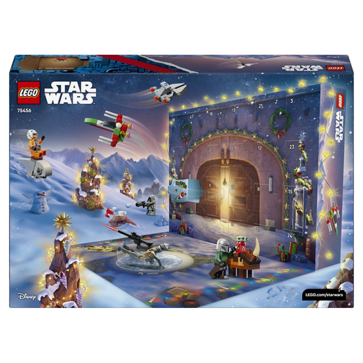 Pudełko kalendarza adwentowego LEGO Star Wars ze świątecznymi mini modelami i śnieżnym tłem.