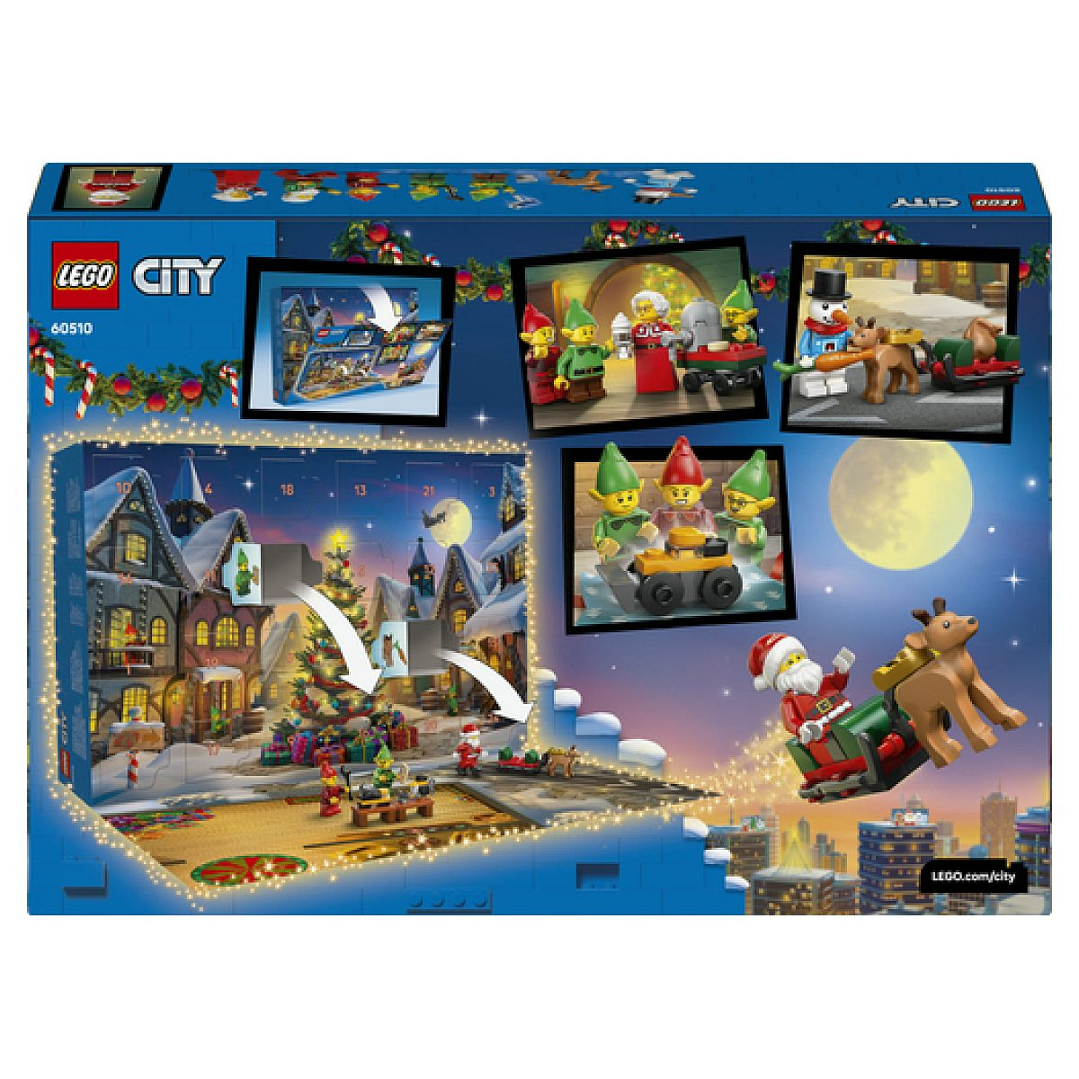 Tył pudełka kalendarza adwentowego Lego City ze świątecznymi scenami i minifigurkami.