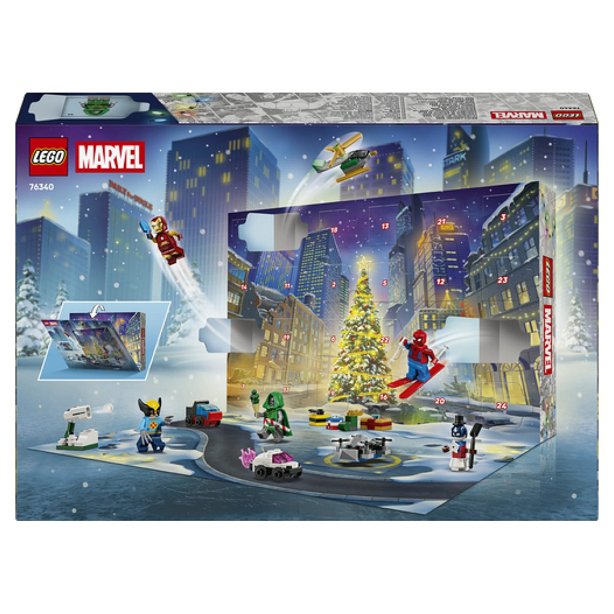 Pudełko kalendarza adwentowego Lego Marvel z ośnieżonym miastem, figurkami Marvela i choinką.
