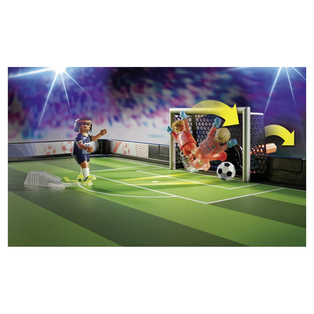 Jeu de football jouet avec figurines, gardien, ballon et fond de stade.