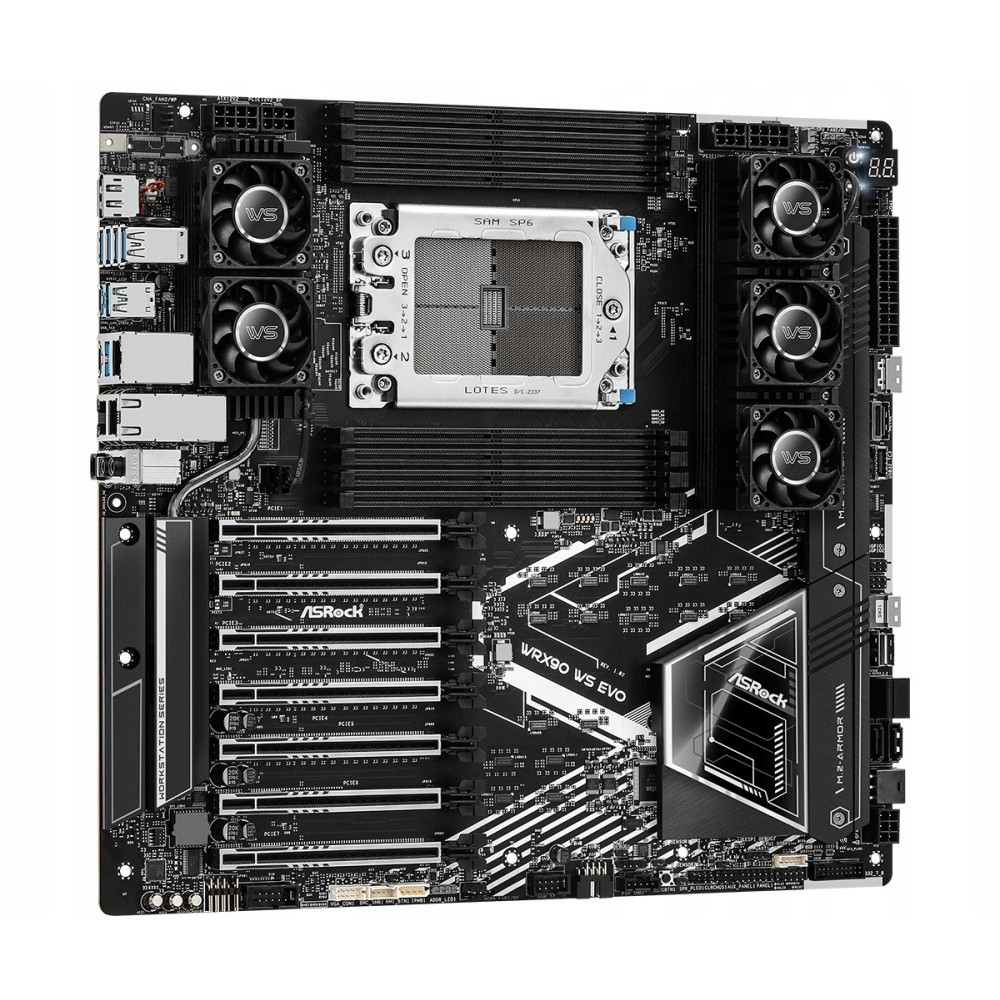 Czarna płyta główna ASRock WRX90 WS EVO z gniazdem CPU, slotami RAM, slotami PCIe i pięcioma małymi wentylatorami.