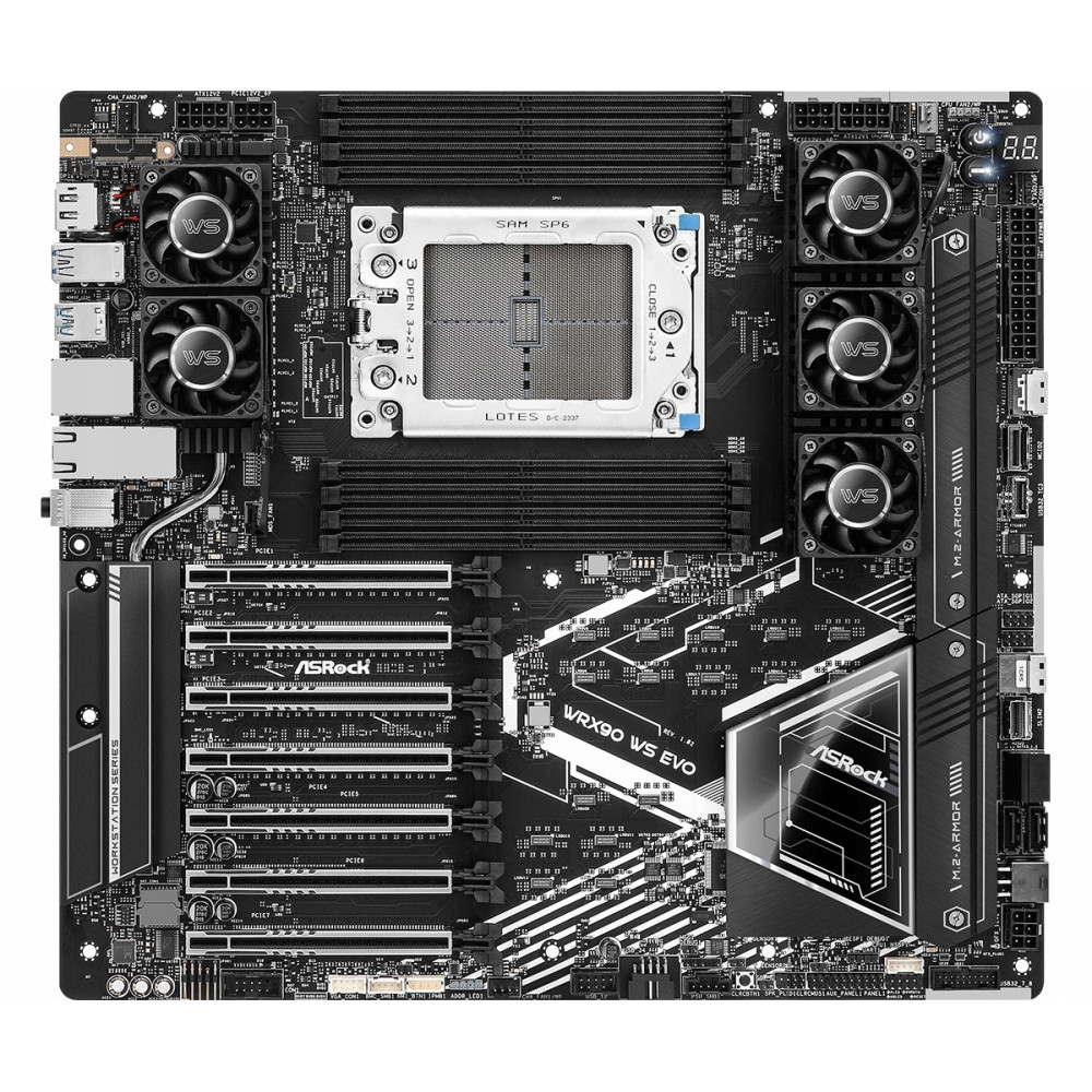 Czarno-biała płyta główna ASRock WRX90 WS EVO z gniazdem procesora, wieloma gniazdami PCIe i zintegrowanymi wentylatorami.