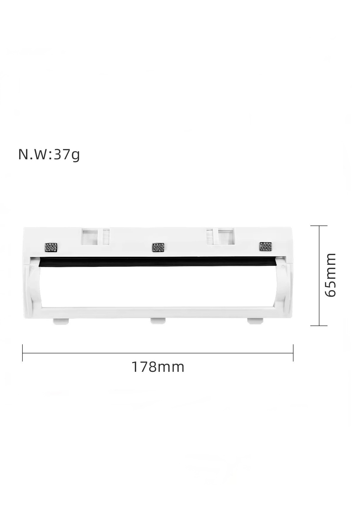 Beyaz bir elektrikli süpürge parçasının teknik çizimi, 178mm uzunluk, 65mm genişlik, net ağırlık 37g.