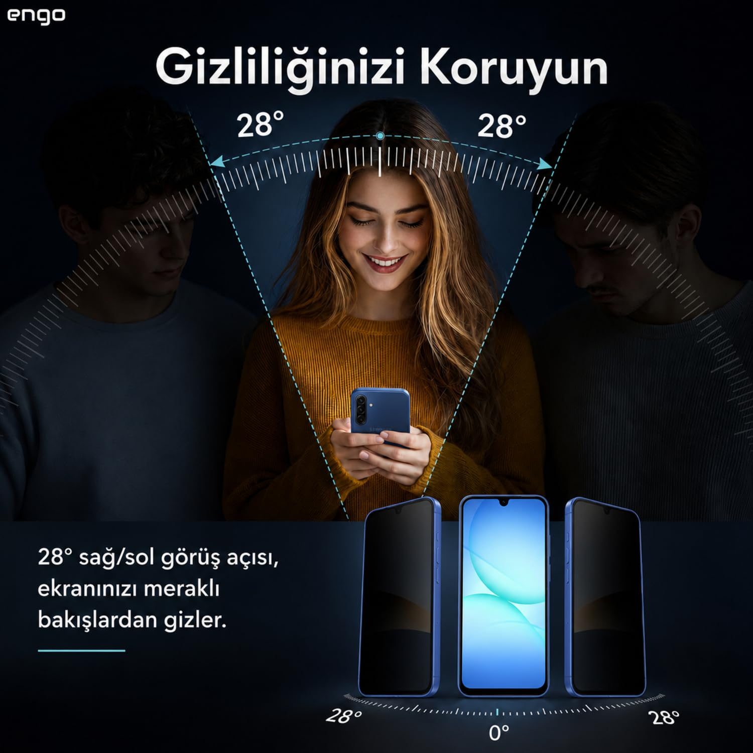 Bir kadın gizlilik ekranlı akıllı telefon kullanıyor, yanlardaki kişilerin ekranı görmesi engelleniyor.