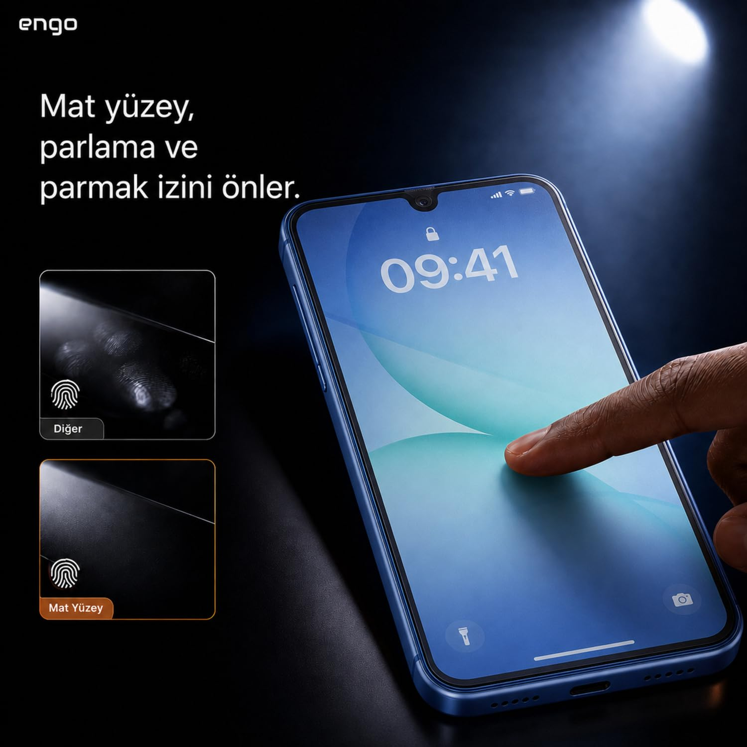 Mat ekran koruyuculu, parmak izi ve parlamayı önleyen akıllı telefon ve Türkçe metin.