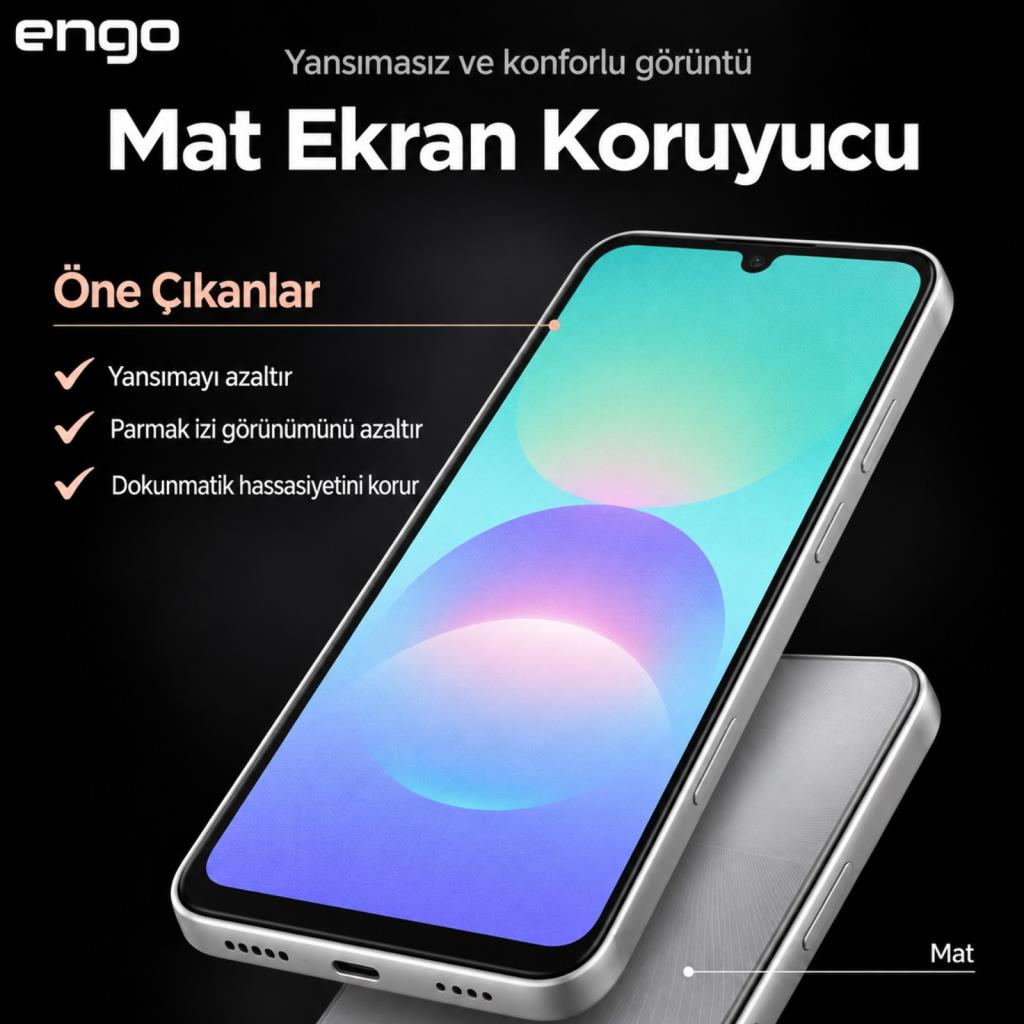 Mat ekran koruyucu reklamı, renkli duvar kağıtlı akıllı telefon ve Türkçe metinler içermektedir.