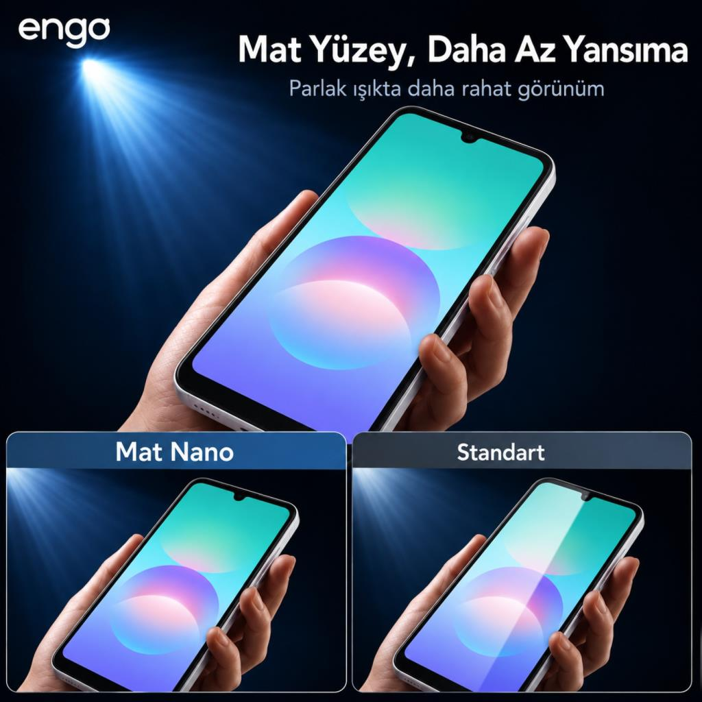 Mat nano ekran koruyuculu akıllı telefon tutan eller, standarttan az yansıma.