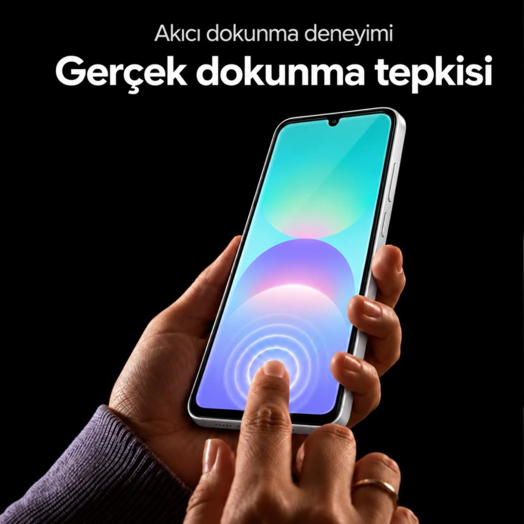 Bir kişi beyaz akıllı telefonu tutuyor ve renkli ekrana dokunuyor, siyah arka planda metin var.