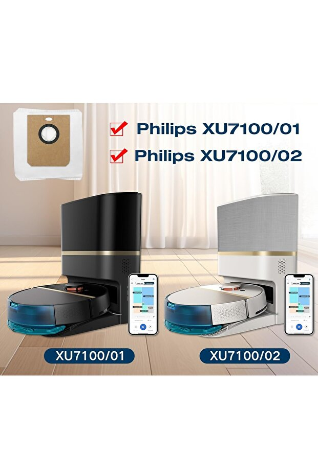 Siyah ve beyaz renkli, istasyonlu, uygulamalı ve torbalı iki Philips robot süpürge.