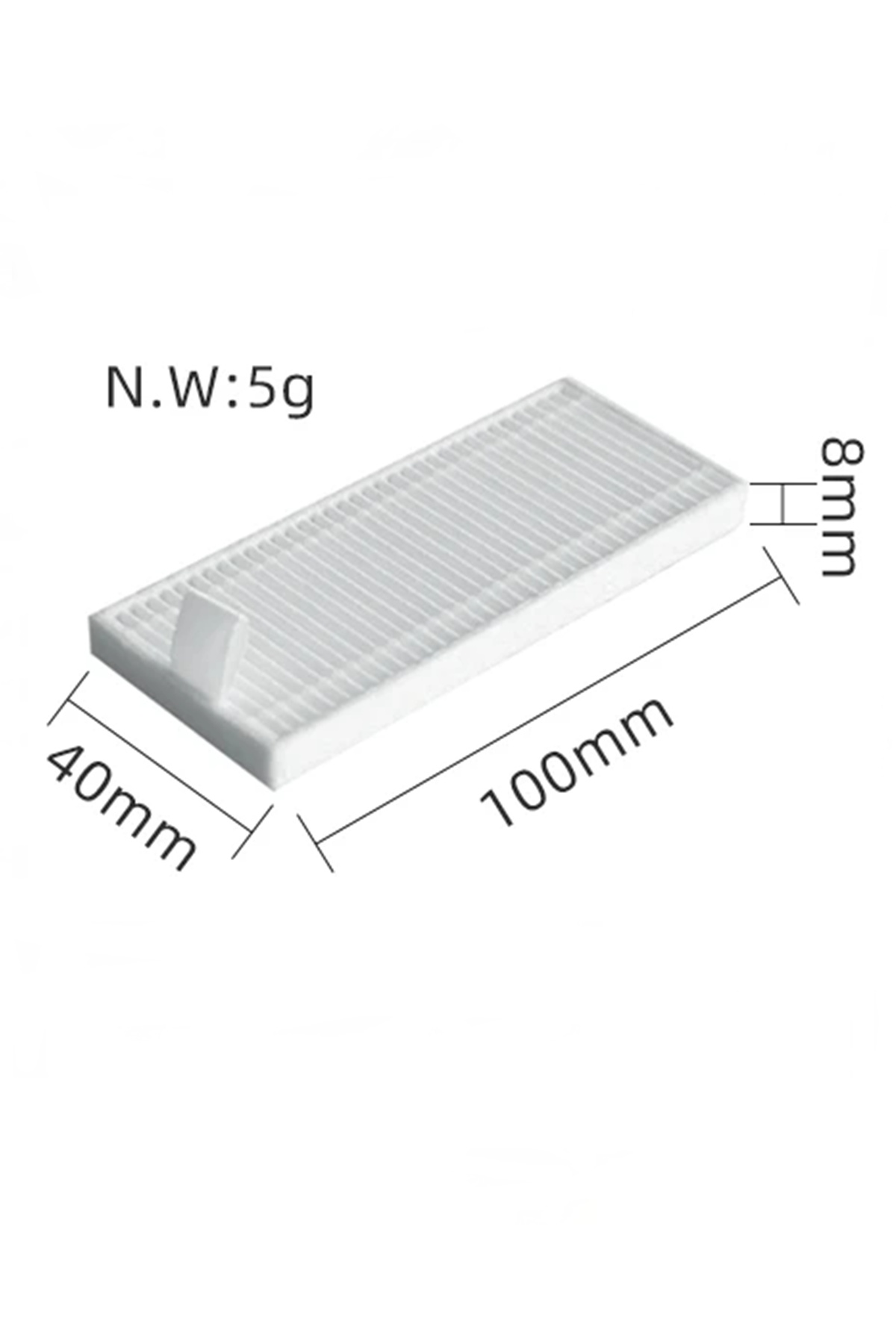 100x40x8mm boyutlarında ve 5g ağırlığında beyaz dikdörtgen pileli elektrikli süpürge filtresi.