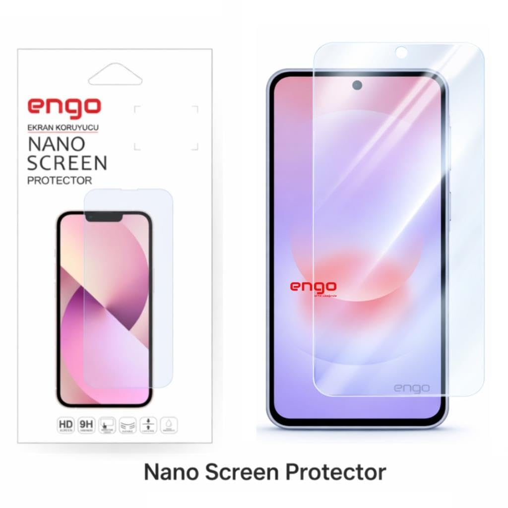 Ambalajında Engo Nano ekran koruyucu ve koruyucu film uygulanmış bir akıllı telefon.