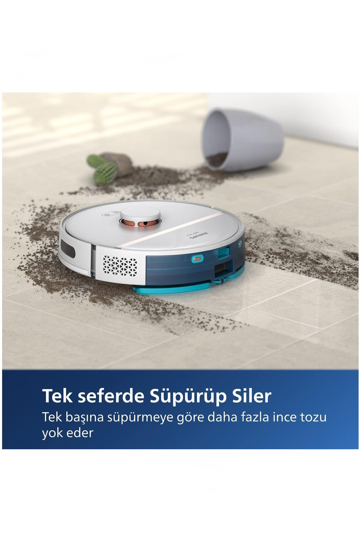 Bir robot süpürge, fayans zemindeki kiri ve toprağı temizliyor.