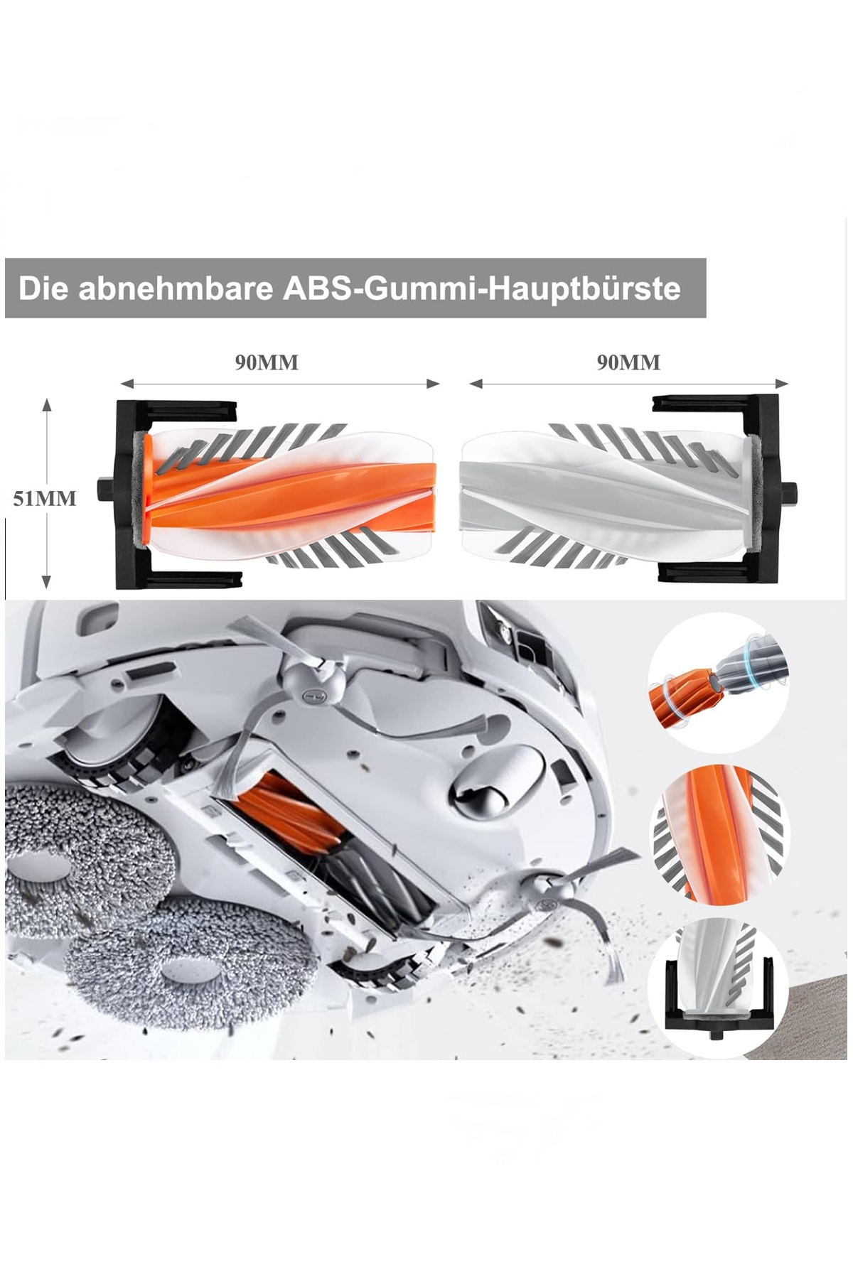 Diyagram, boyutları ve robot süpürge görünümleriyle çıkarılabilir ABS kauçuk ana fırçayı gösterir.
