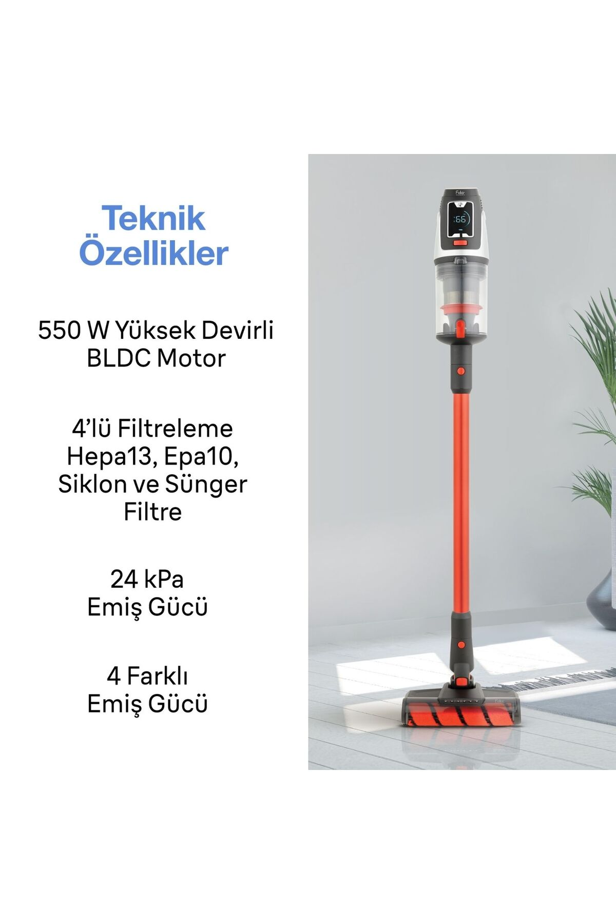 Kırmızı kablosuz dikey süpürge aydınlık bir odada teknik metnin yanında duruyor.
