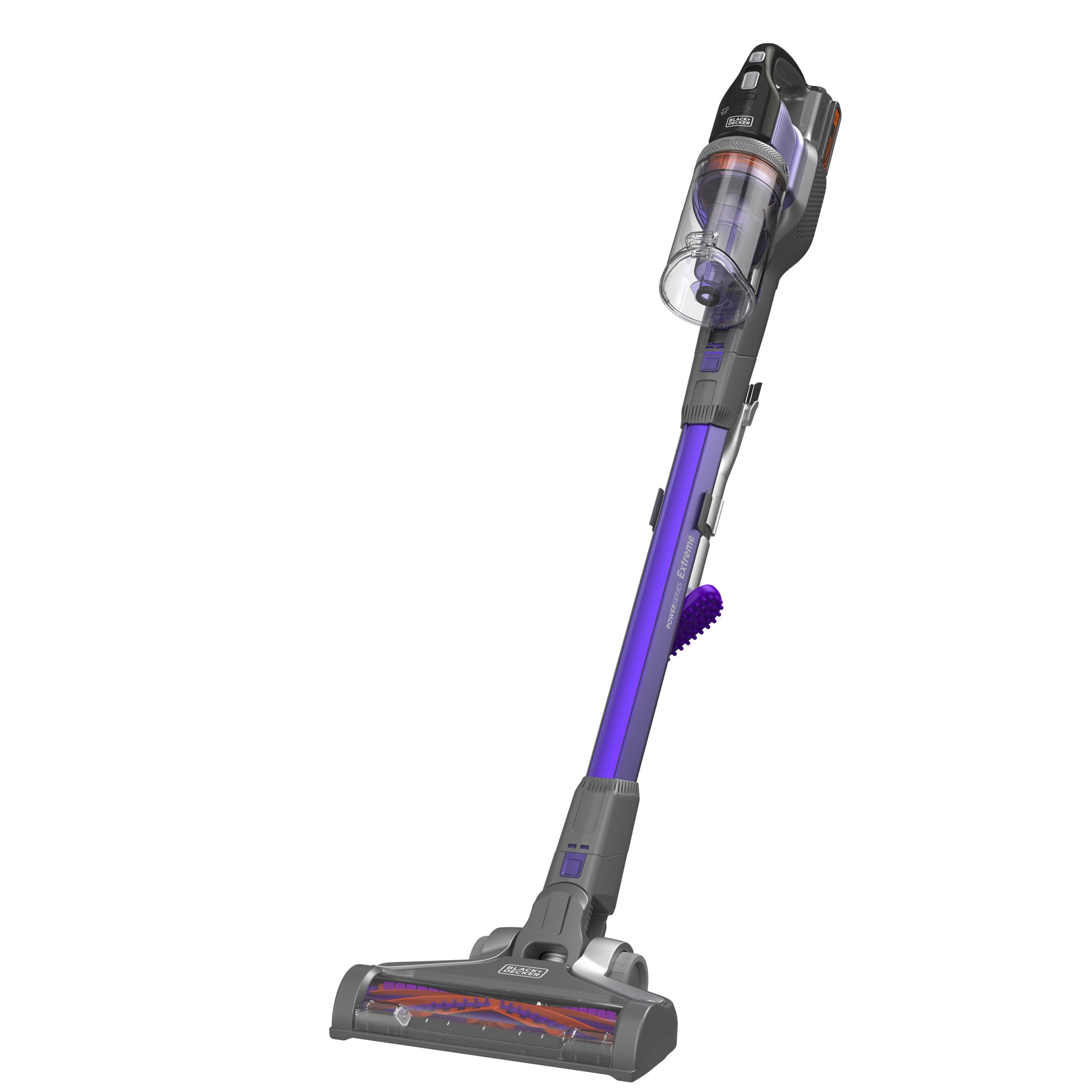 Aspirapolvere senza filo viola e grigio con contenitore della polvere trasparente su sfondo bianco.