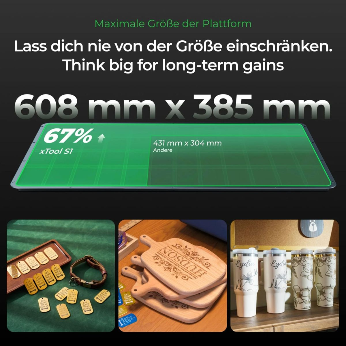 Vergleich der Plattformgröße 608x385 mm mit Beispielen für Gravuren auf Holz und Tassen.
