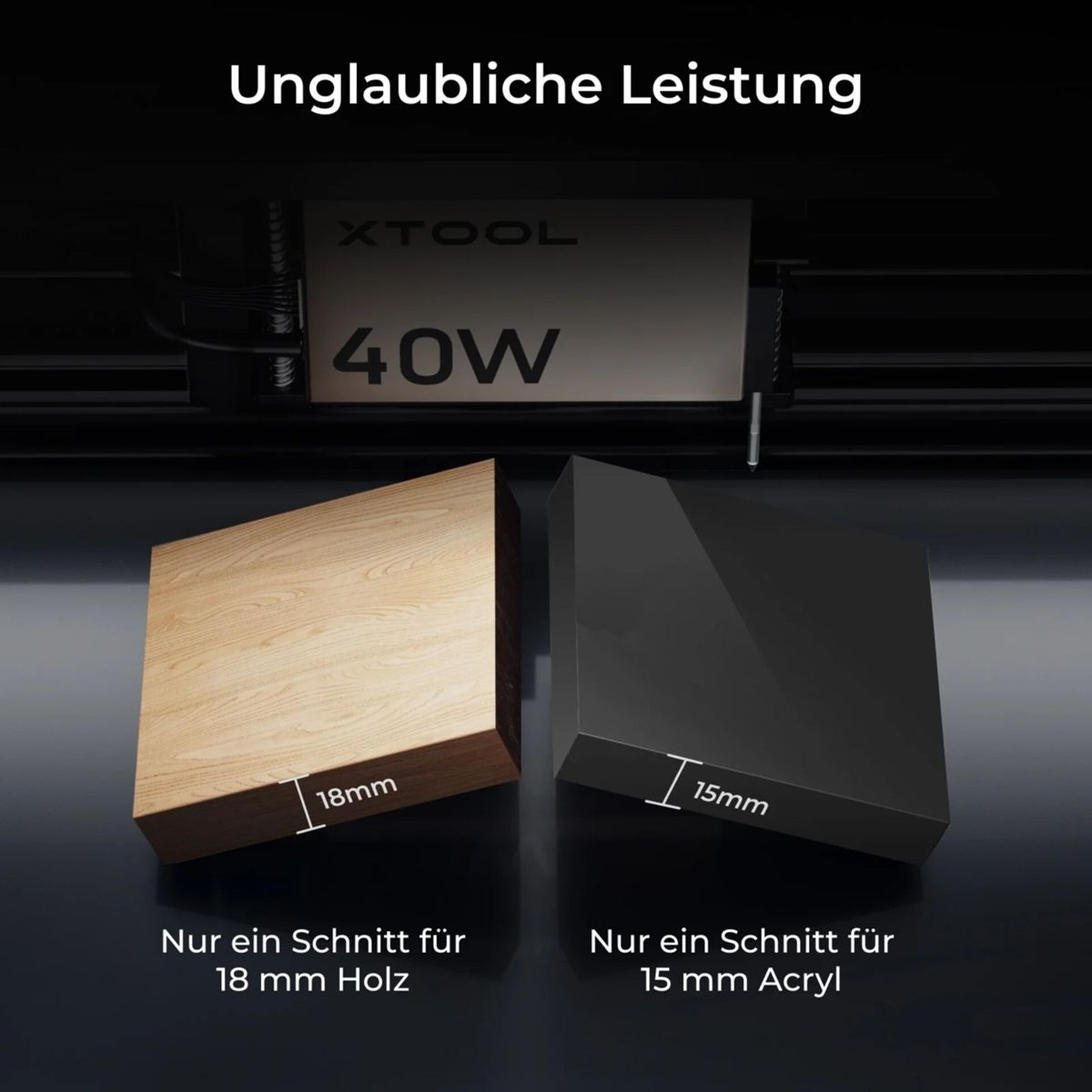 Ein xTool 40W Lasercutter zeigt 18 mm Holz und 15 mm Acryl in einem Schnitt.
