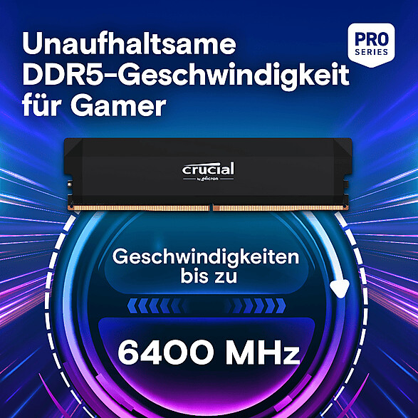 Schwarzer Crucial DDR5 RAM Riegel vor blauem, futuristischen Hintergrund mit dem Text 6400 MHz.