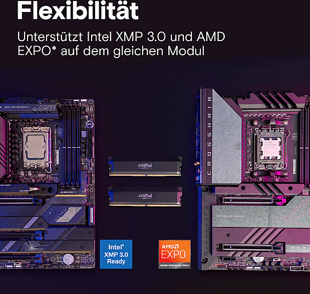 Zwei Mainboards und zwei Crucial RAM-Module mit Intel XMP 3.0 und AMD EXPO Unterstützung.