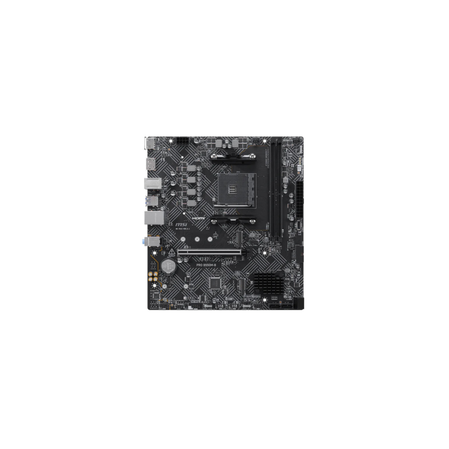 Una scheda madre per computer MSI B550M-B nera con vari slot e componenti integrati.
