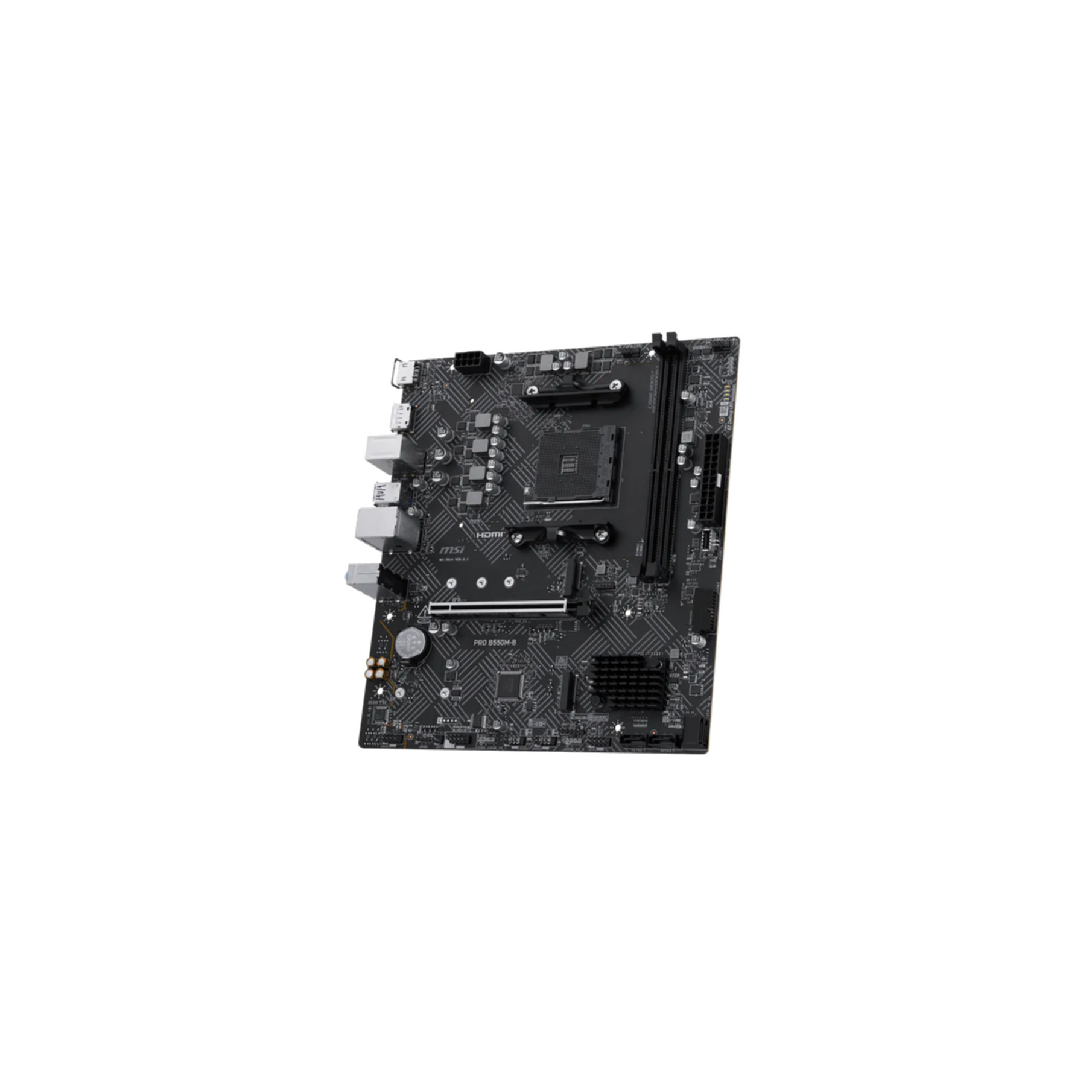 Una scheda madre nera MSI PRO B550M-B su sfondo bianco, con vari componenti elettronici e slot.