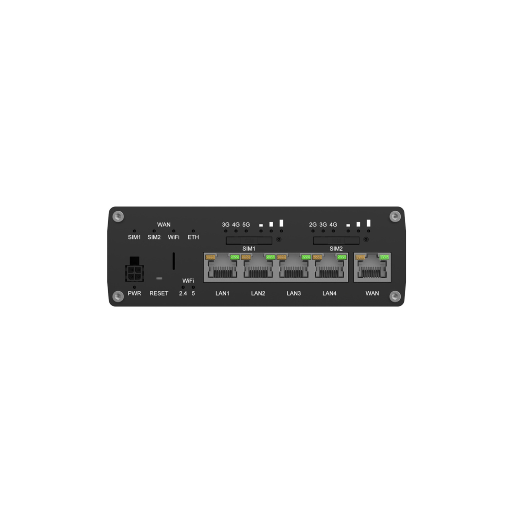 Black industrial network device with ethernet ports, SIM card slots, and LED indicators on the front panel.