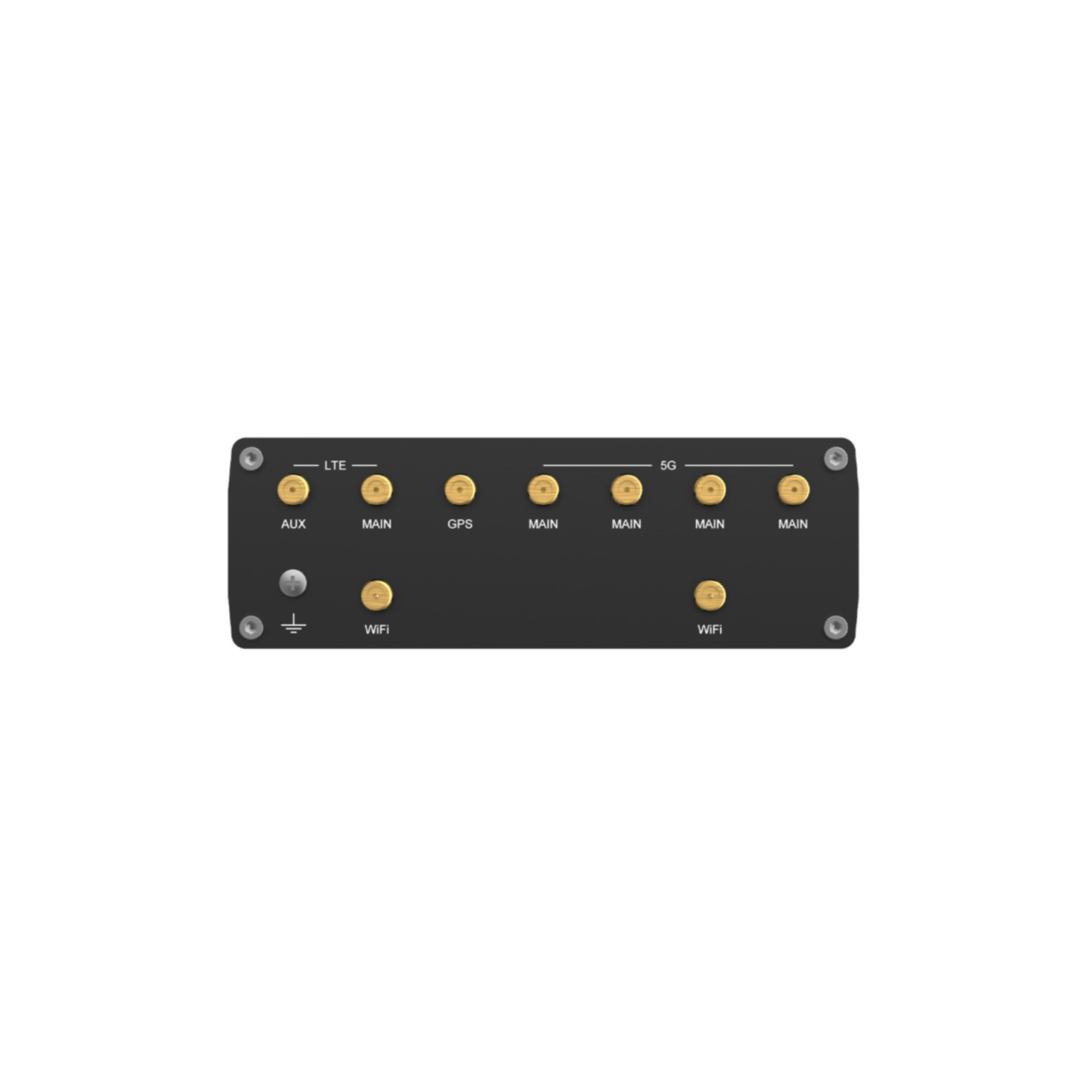 Black antenna panel with golden connectors for LTE, GPS, 5G, and WiFi, featuring white labels on a plain background.