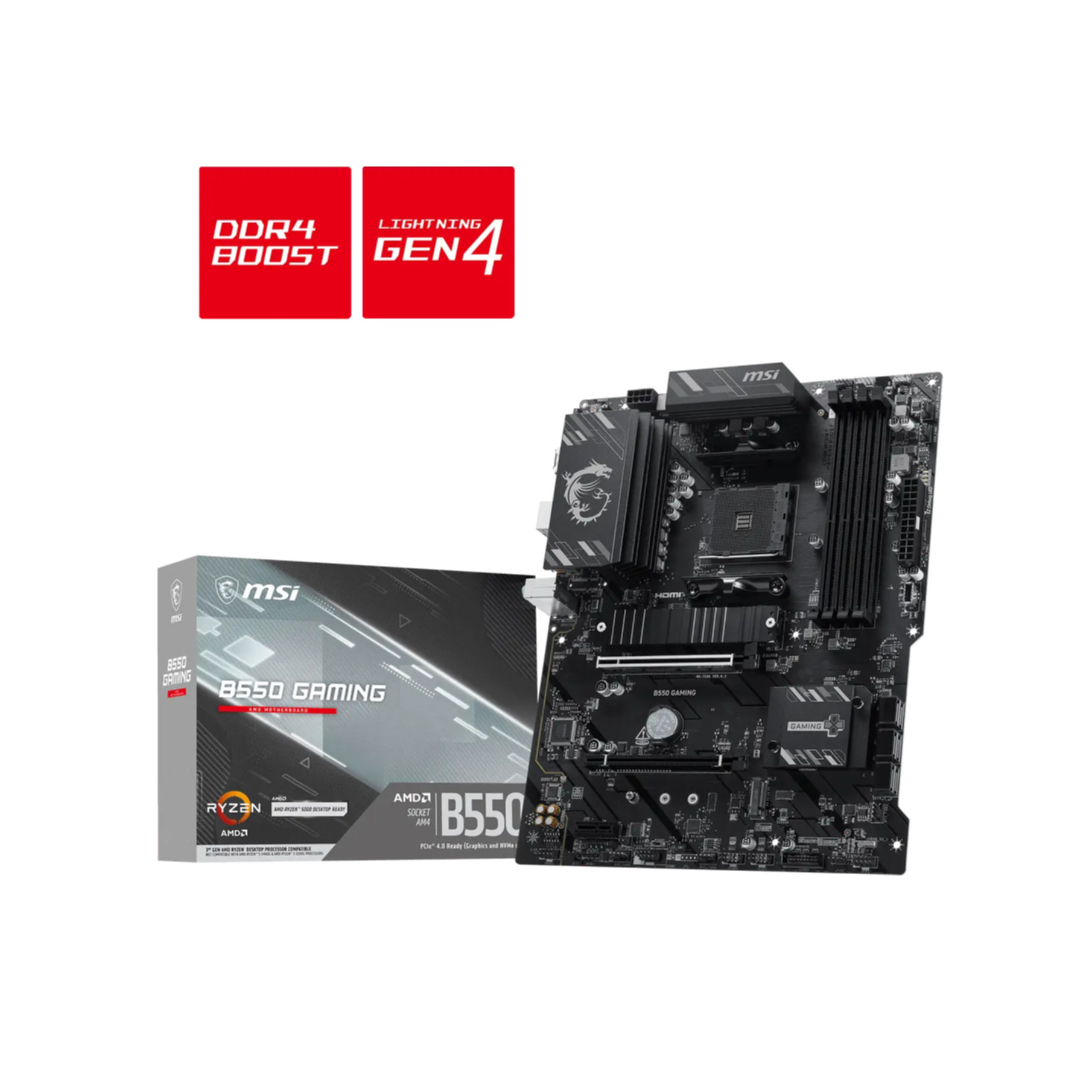 Plyta glowna MSI B550 Gaming obok pudka na bialym tle.