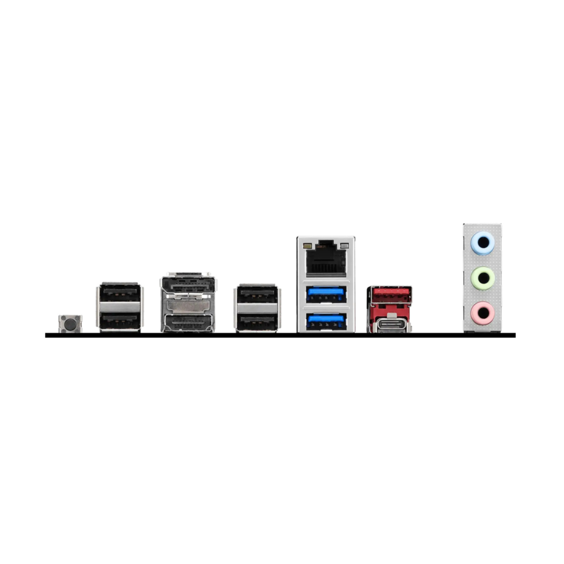 Tylny panel płyty głównej komputera z portami USB, LAN i gniazdami audio na białym tle.