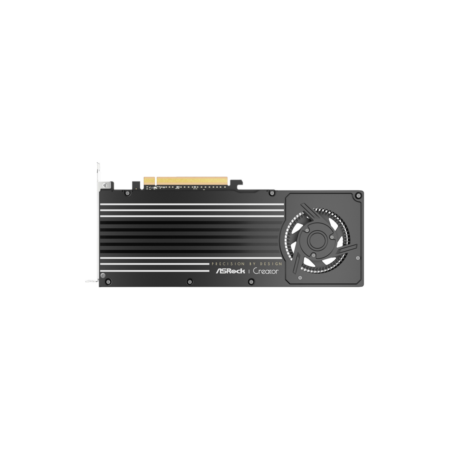 Scheda grafica nera ASRock Creator con strisce argentate e una ventola a destra.