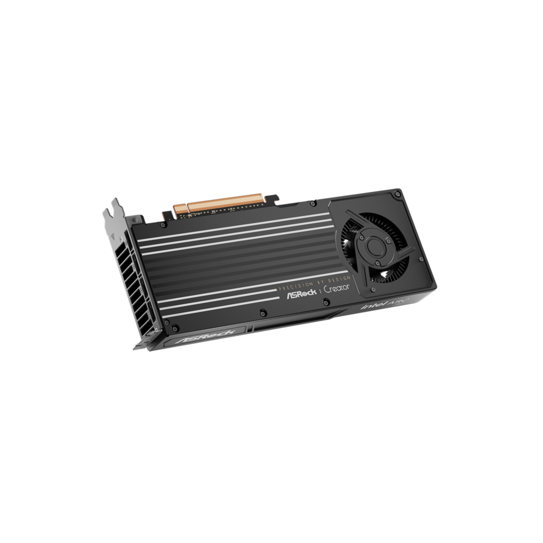 Scheda grafica ASRock Creator nera con strisce argentate e una ventola integrata su sfondo bianco.