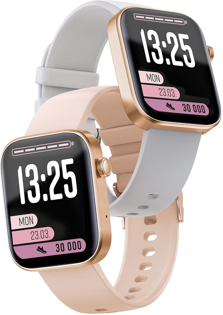 Dwa nowoczesne smartwatchy z różowozłotymi kopertami oraz beżowym i szarym paski silikonowymi.