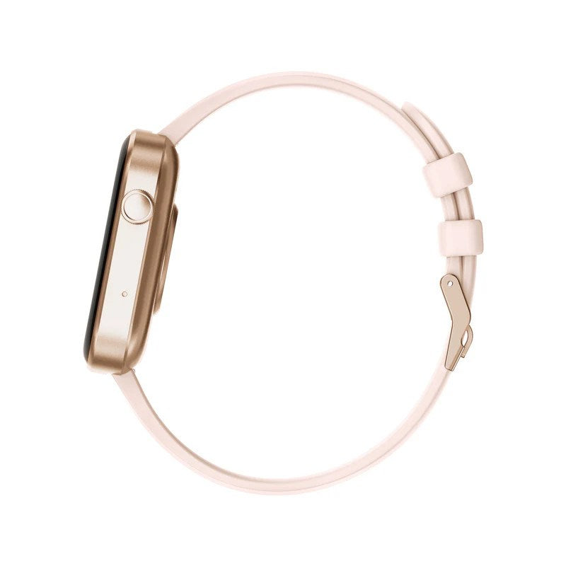Różowy smartwatch ze złotą kopertą pokazany z boku na białym tle.