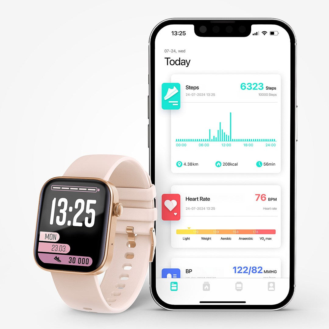 Różowy smartwatch wyświetla godzinę obok smartfona z aplikacją fitness.
