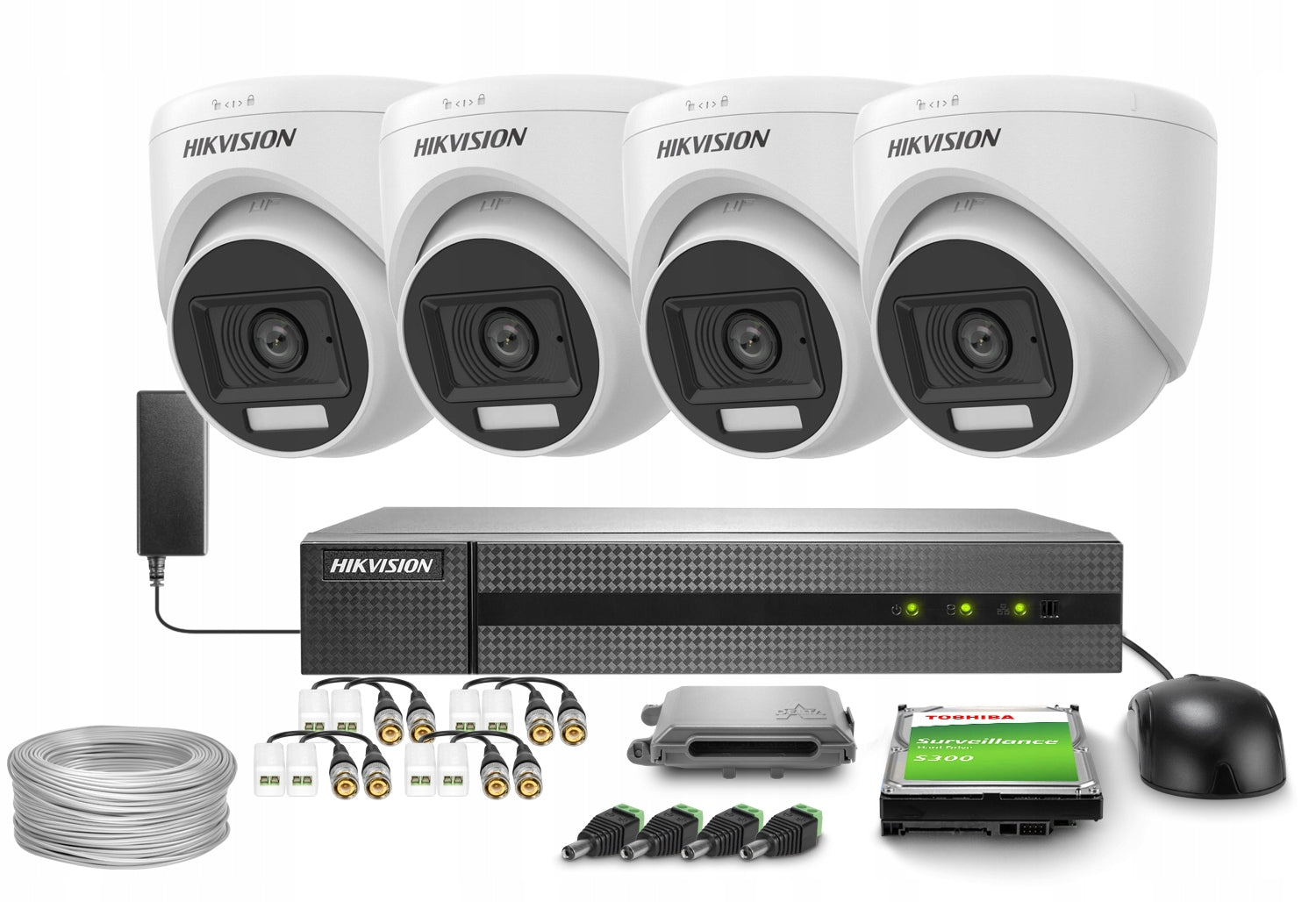 Dört beyaz Hikvision kamera, DVR, kablolar, sabit disk ve aksesuarlardan oluşan güvenlik seti.