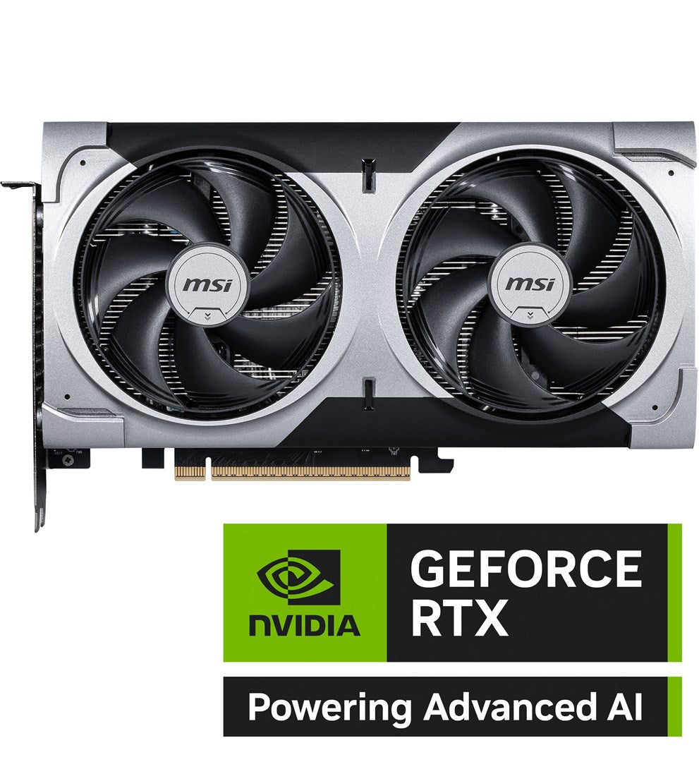 Scheda grafica MSI GeForce RTX con due ventole nere e un involucro argento e nero.
