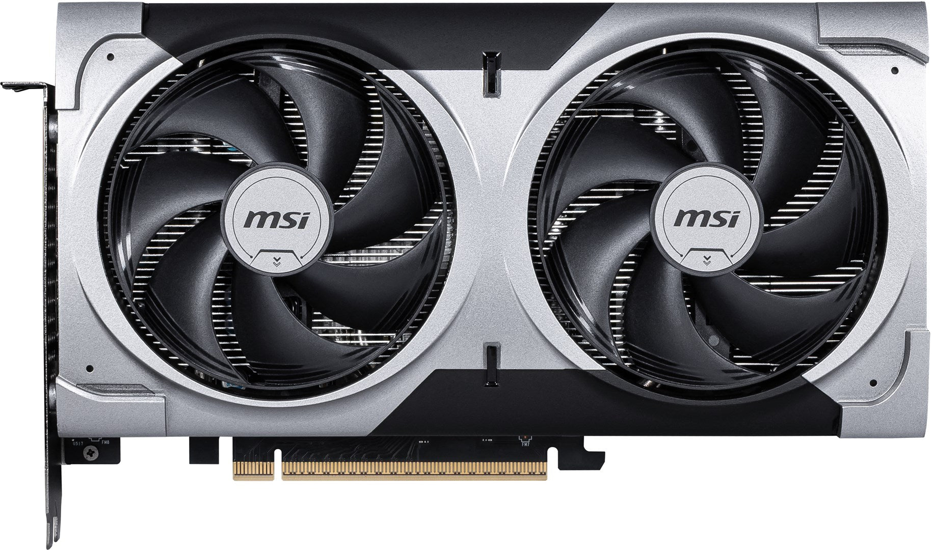 Una scheda grafica MSI con due grandi ventole e un involucro argento e nero.