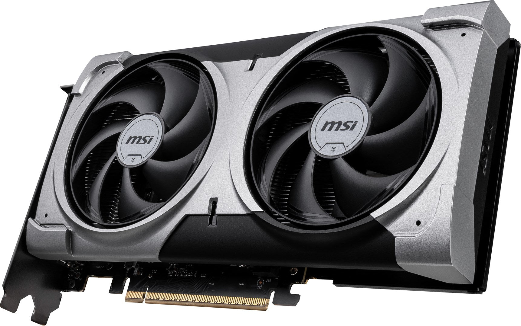 Una scheda grafica MSI con due grandi ventole nere in un involucro argento e nero su sfondo bianco.