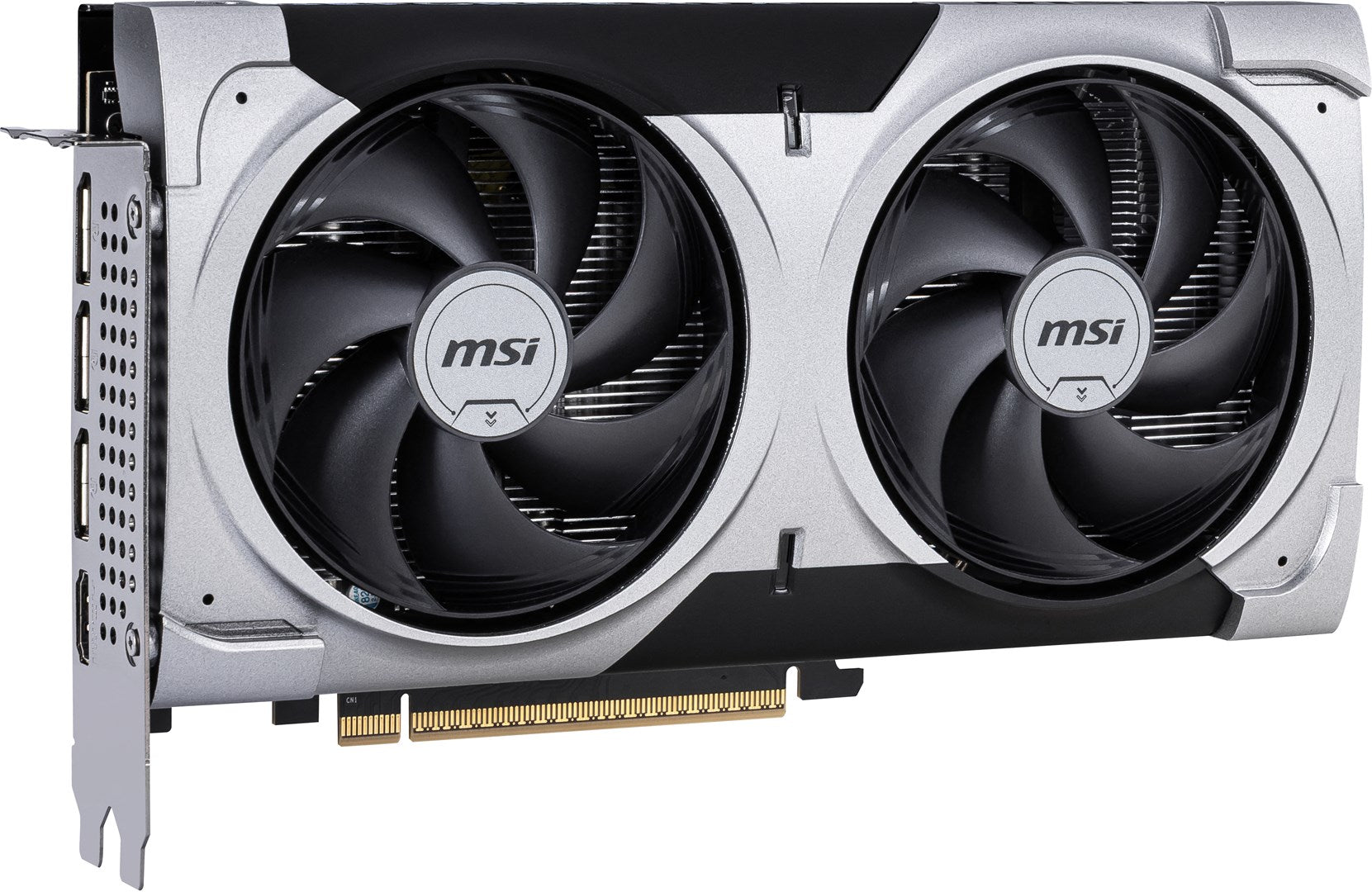 Una scheda grafica MSI con custodia argento e nera e due grandi ventole nere.