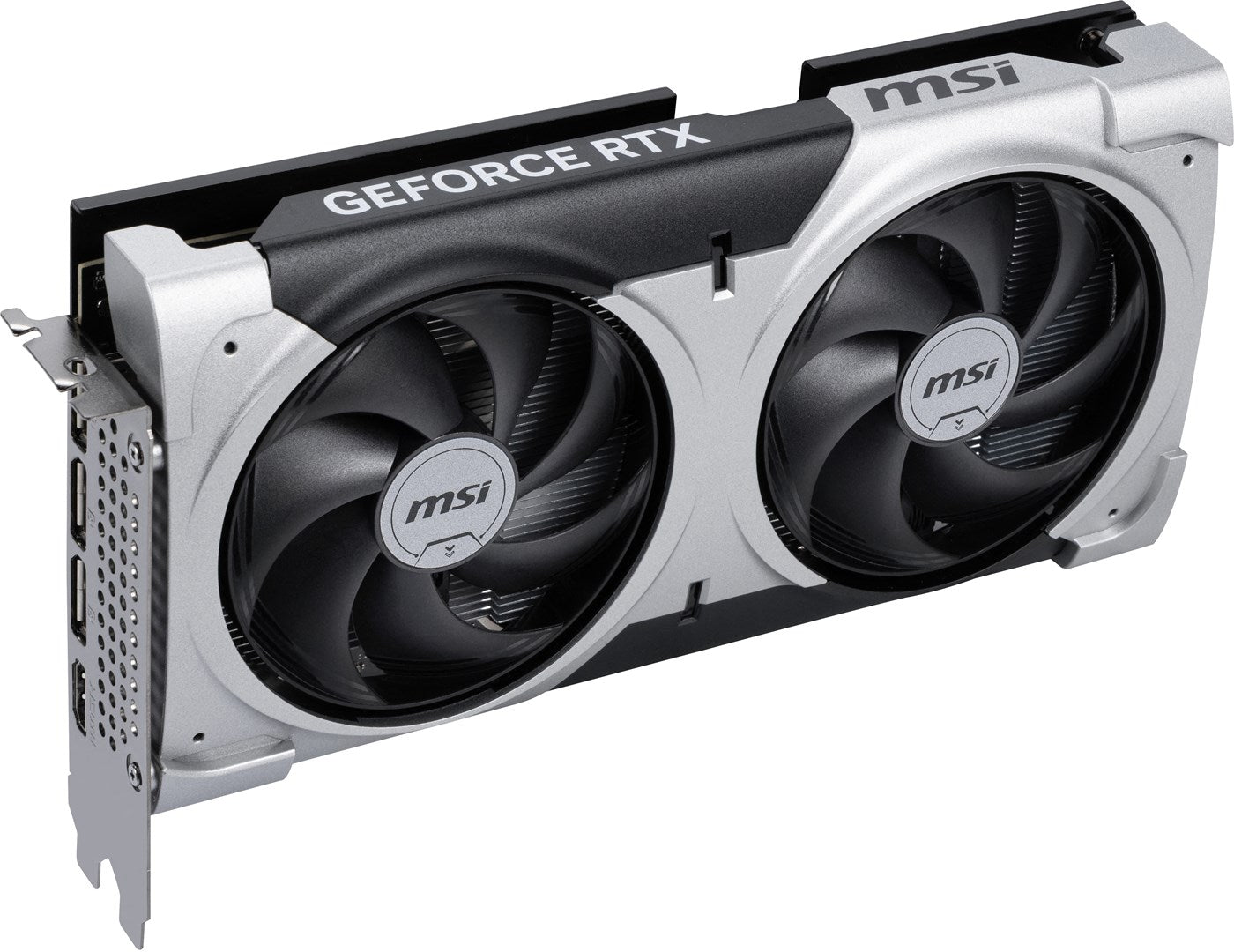Una scheda grafica MSI GeForce RTX con due ventole, cornice argentata e scocca nera su sfondo bianco.