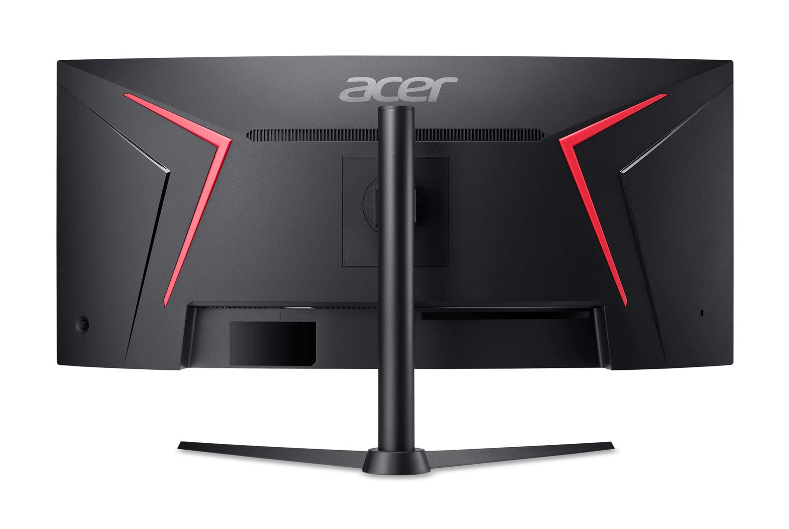 Retro di un monitor da gioco Acer nero con dettagli rossi a forma di V e supporto su sfondo bianco.