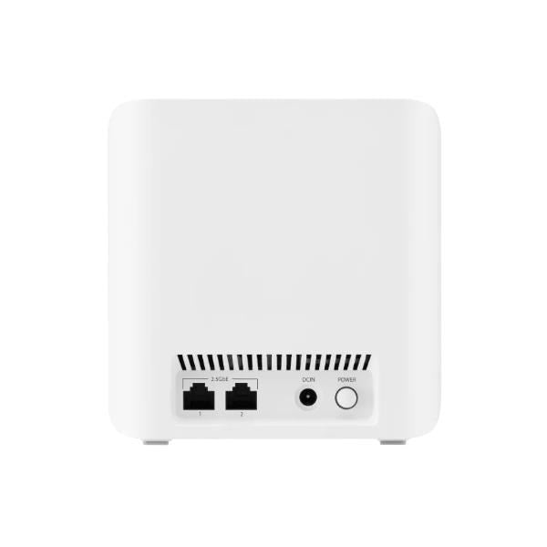 Biała skrzynka z dwoma portami ethernet, wejściem DC i przyciskiem zasilania.