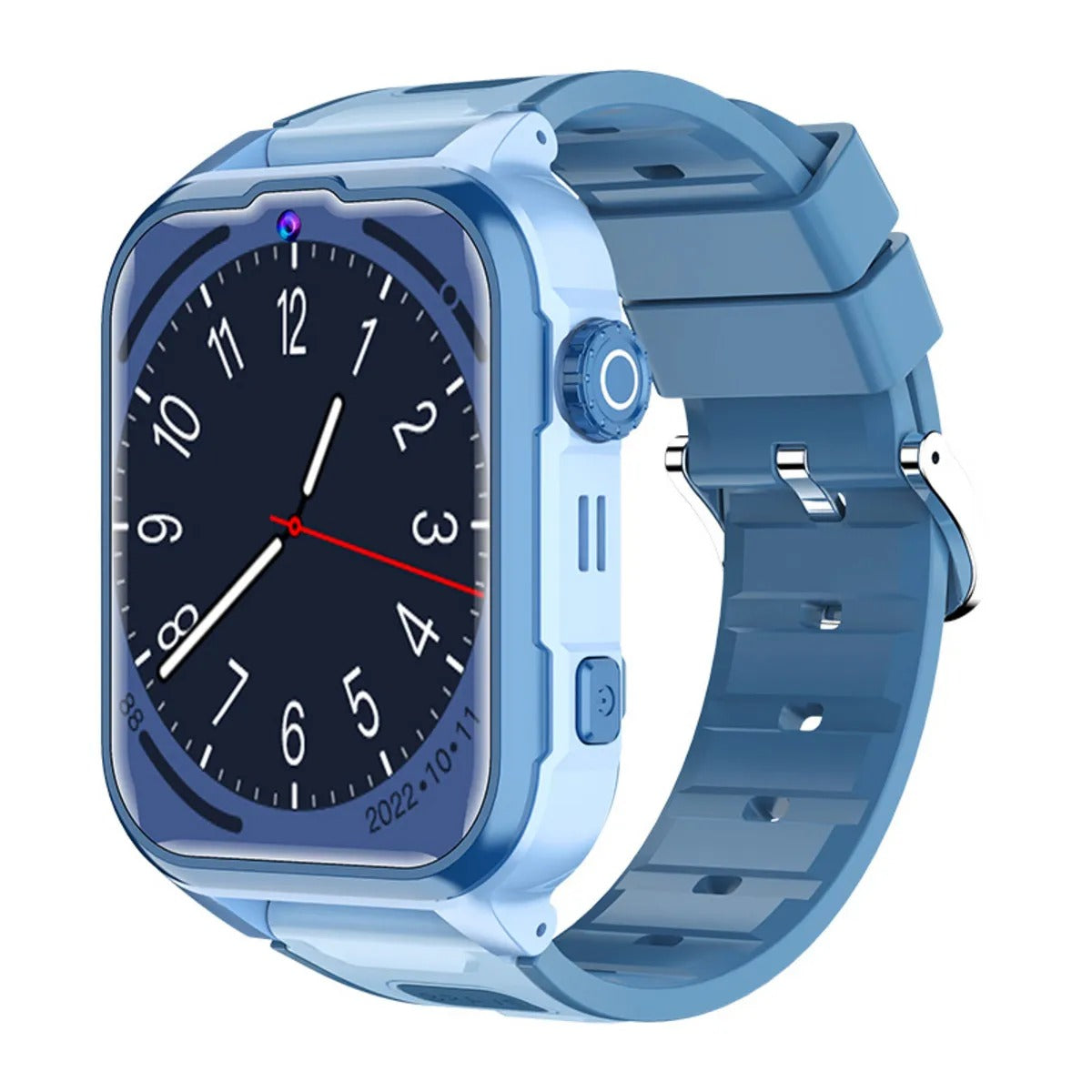 Blue children's smartwatch with a digital watch face and rubber strap on a white background.